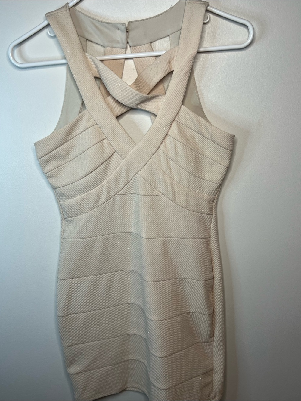 Sleeveless Crisscross Shimmery Bodycon Dress in Cream